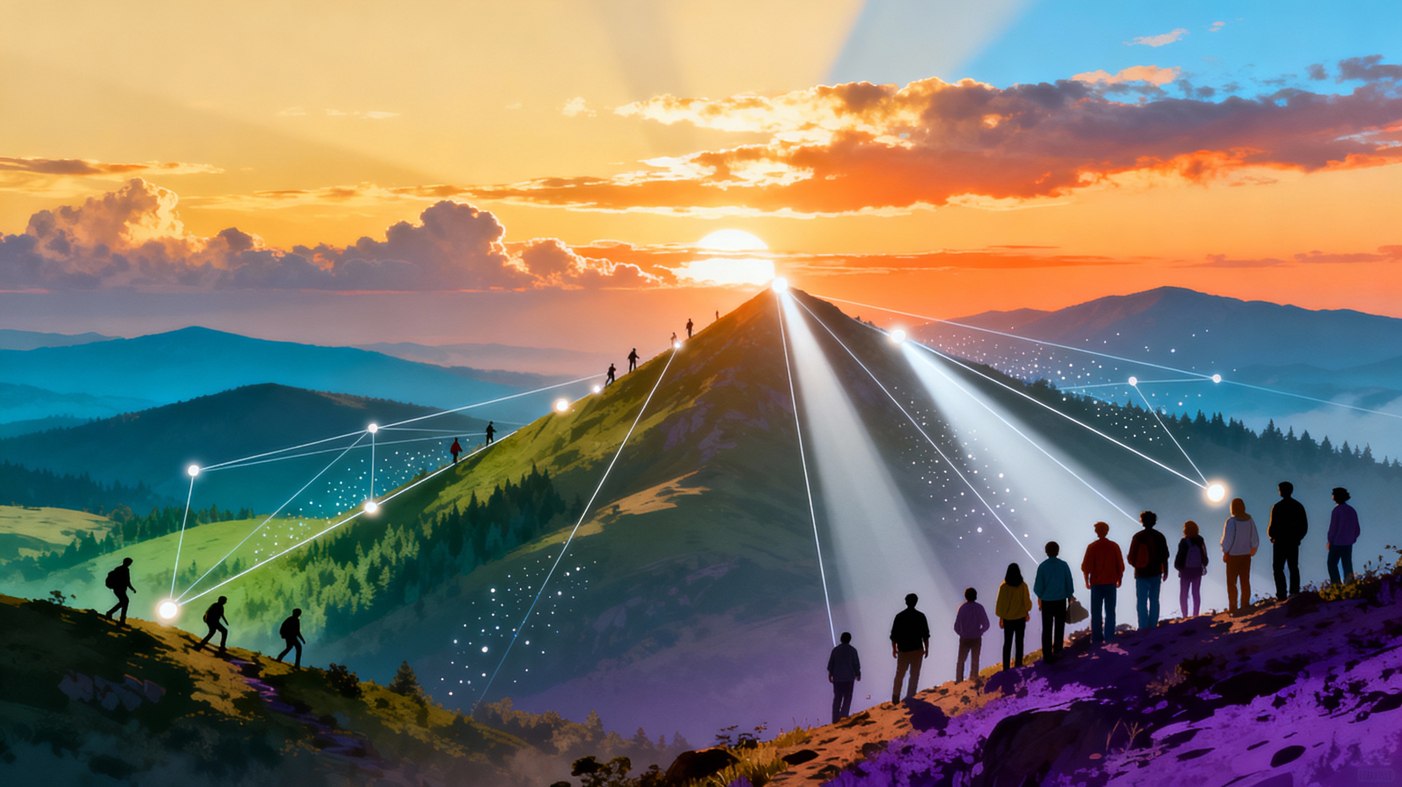 Inspirational scene showing sunrise with tech and human elements working together