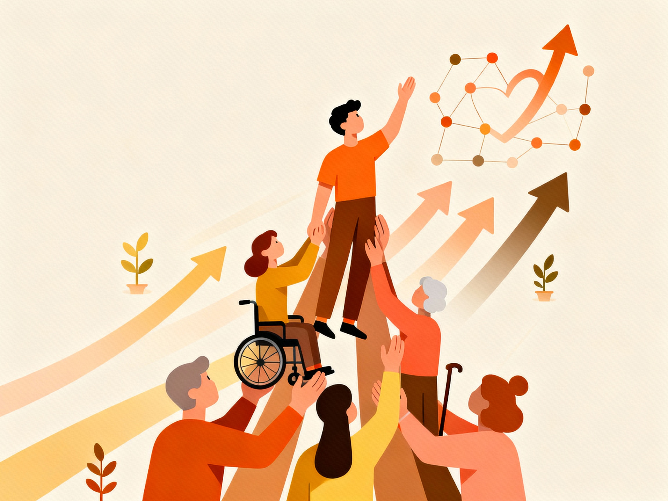 Diverse group of people supporting each other in ascending formation with upward arrows