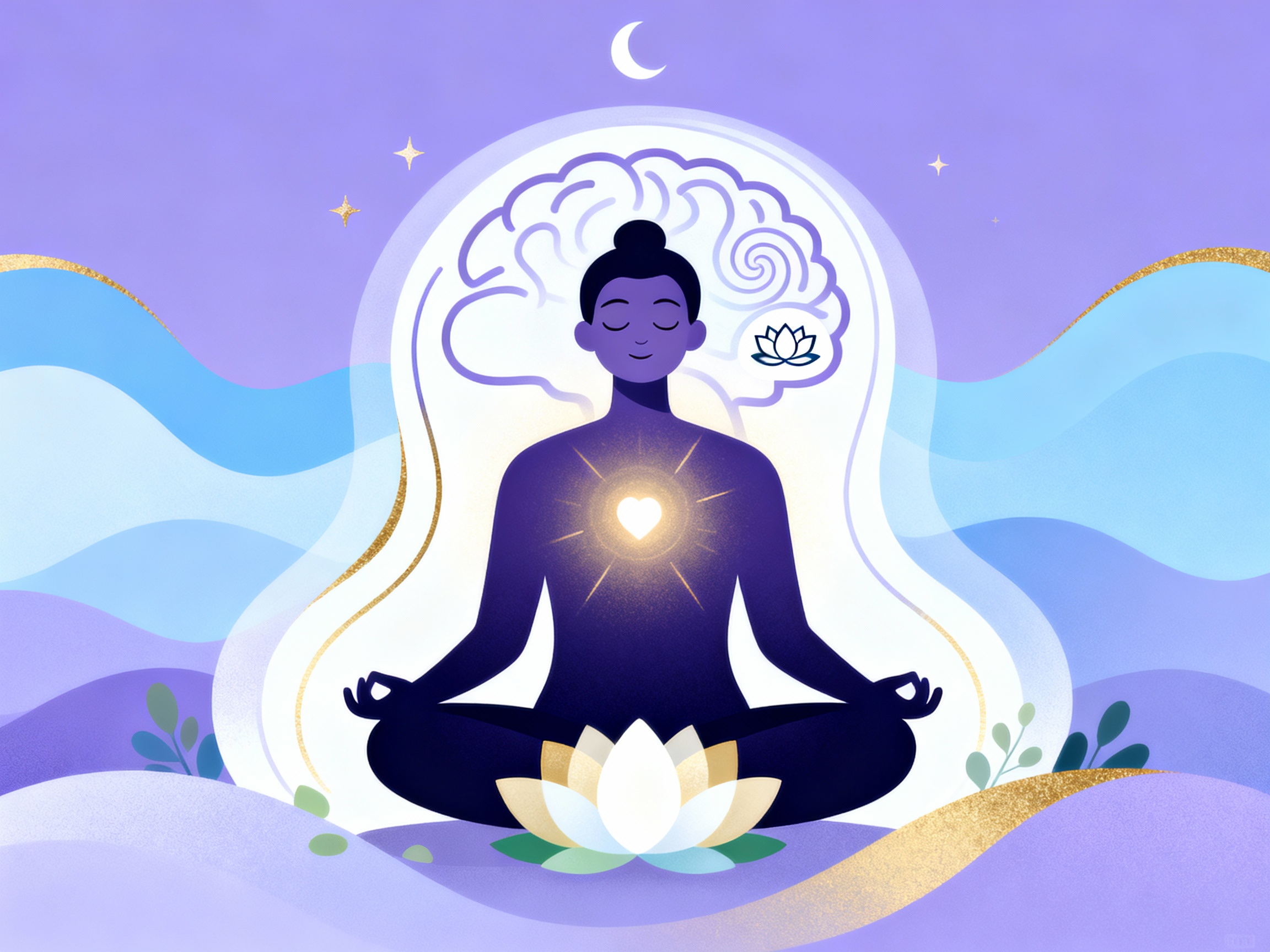 Serene figure in meditation pose surrounded by lotus flowers and soft purple light