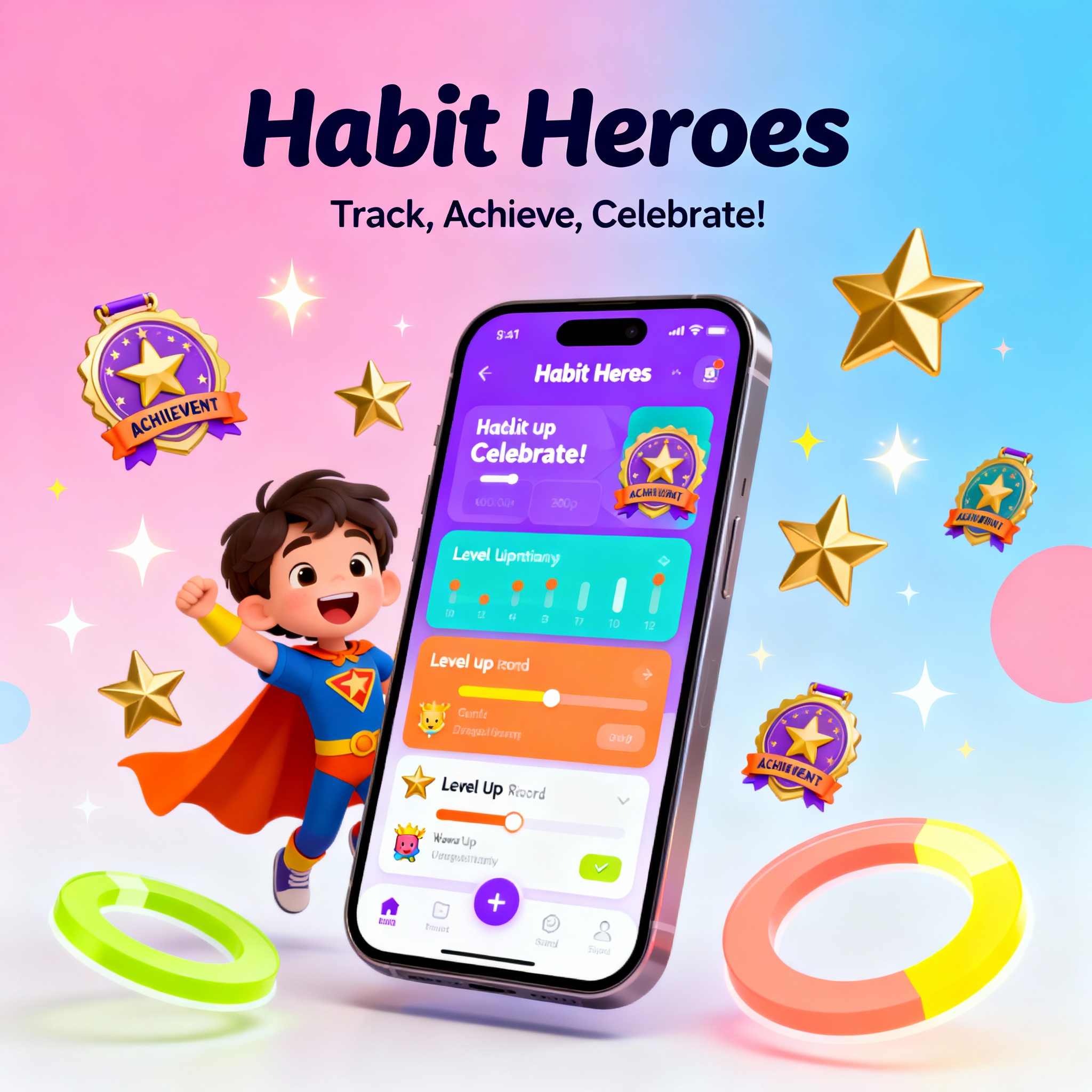 Habit Heroes app interface showing superhero avatar and achievement elements